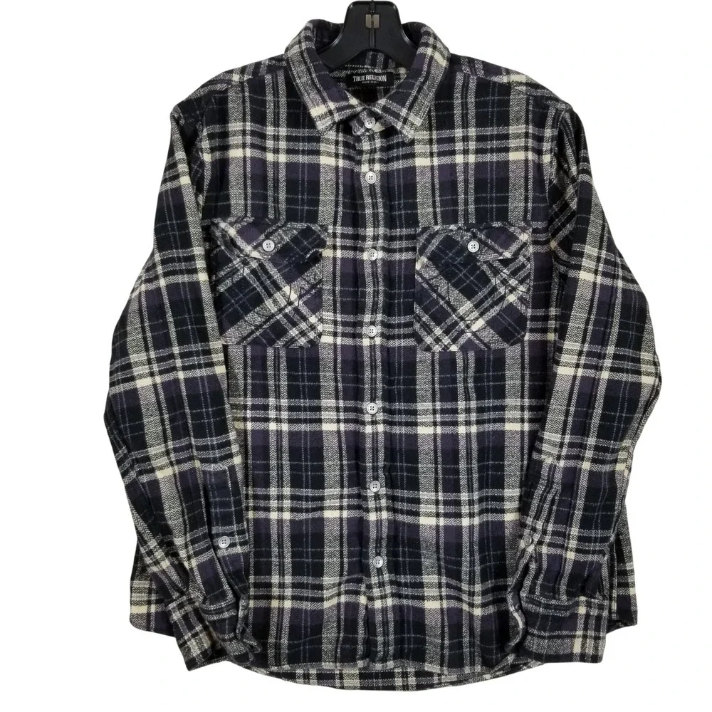 True Religion Mens Plaid‎ Flannel Shirt Purple Black Logo Graphic Small S
